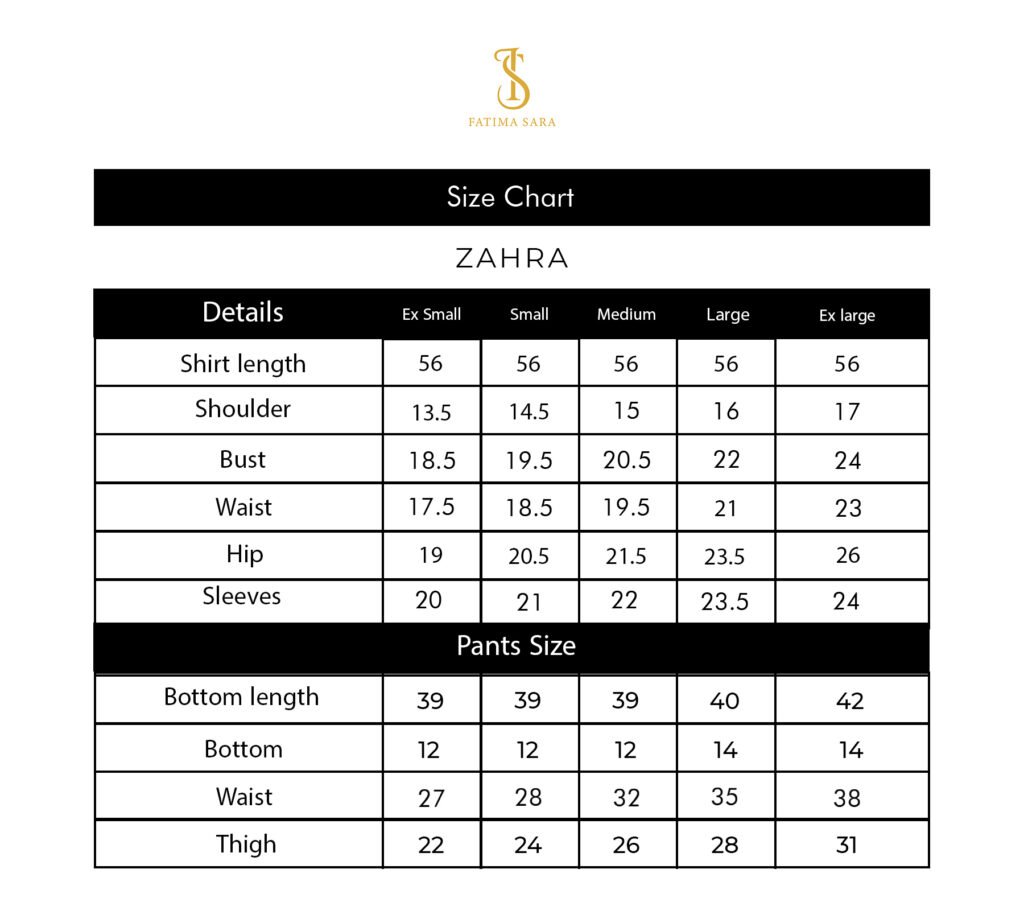 Zahra size chart